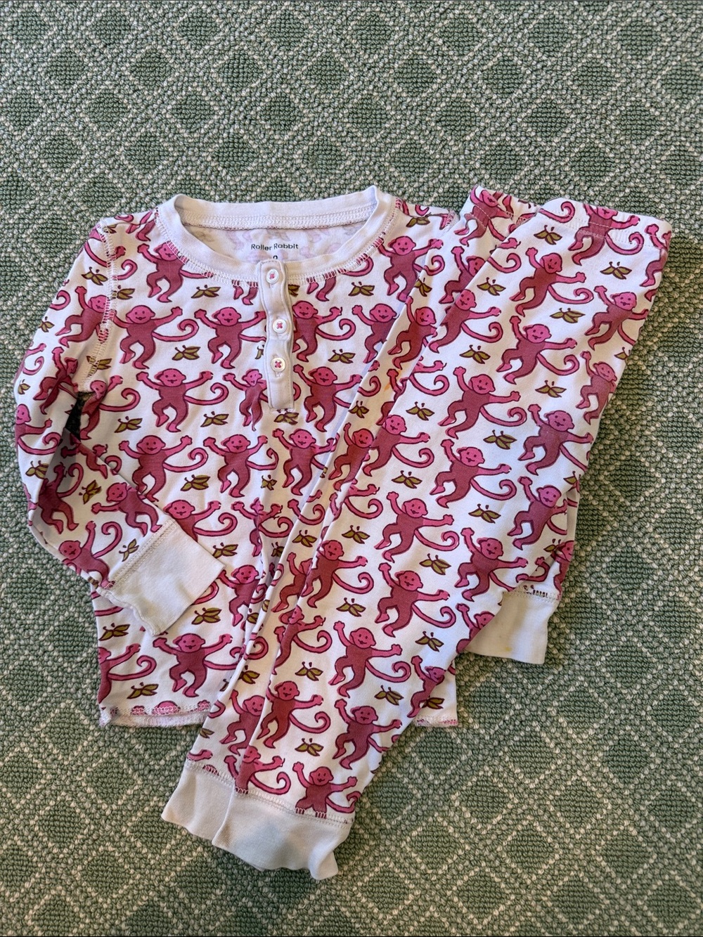 Roller Rabbit White Pajama Set with Pink Monkey Print